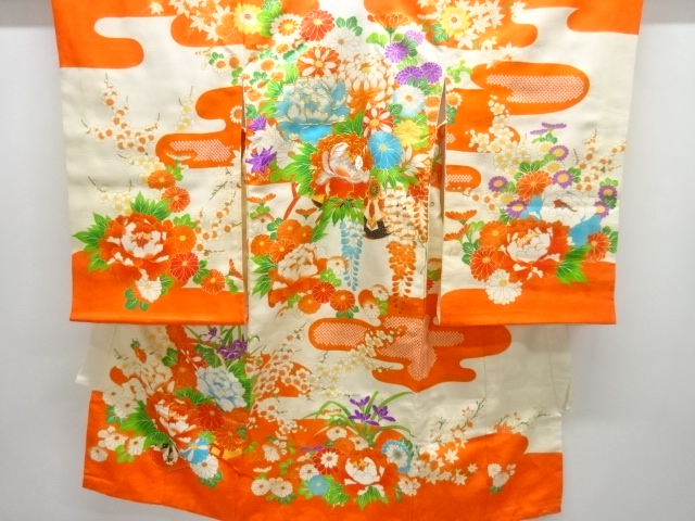JAPANESE KIMONO / ANTIQUE HANAGURUMA PATTERN EMBROIDERED KIMONO